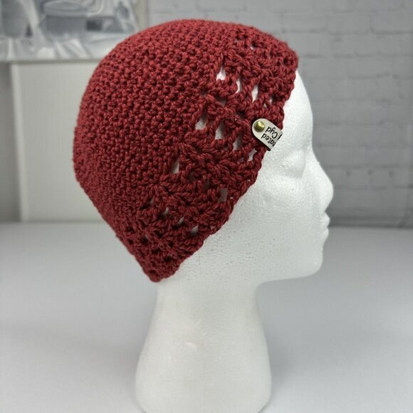 Created by Cyd Matilda Dark Red Crochet Beanie Handmade Cotton Silk Hat NEW‎